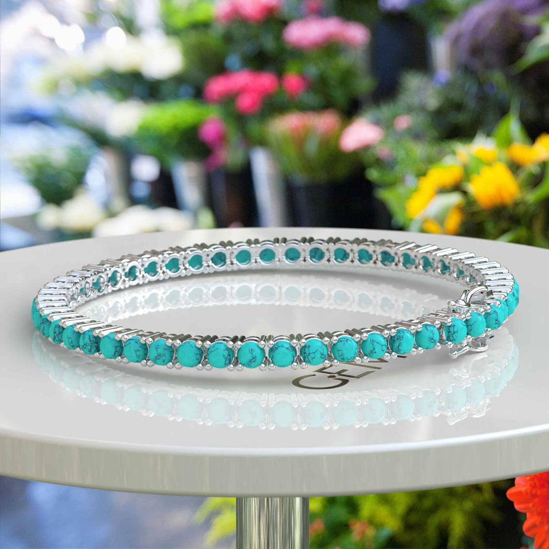 Chic Elegance 3.5mm 8.0ct Turquoise Tennis Bracelet Showcased in Silver Setting