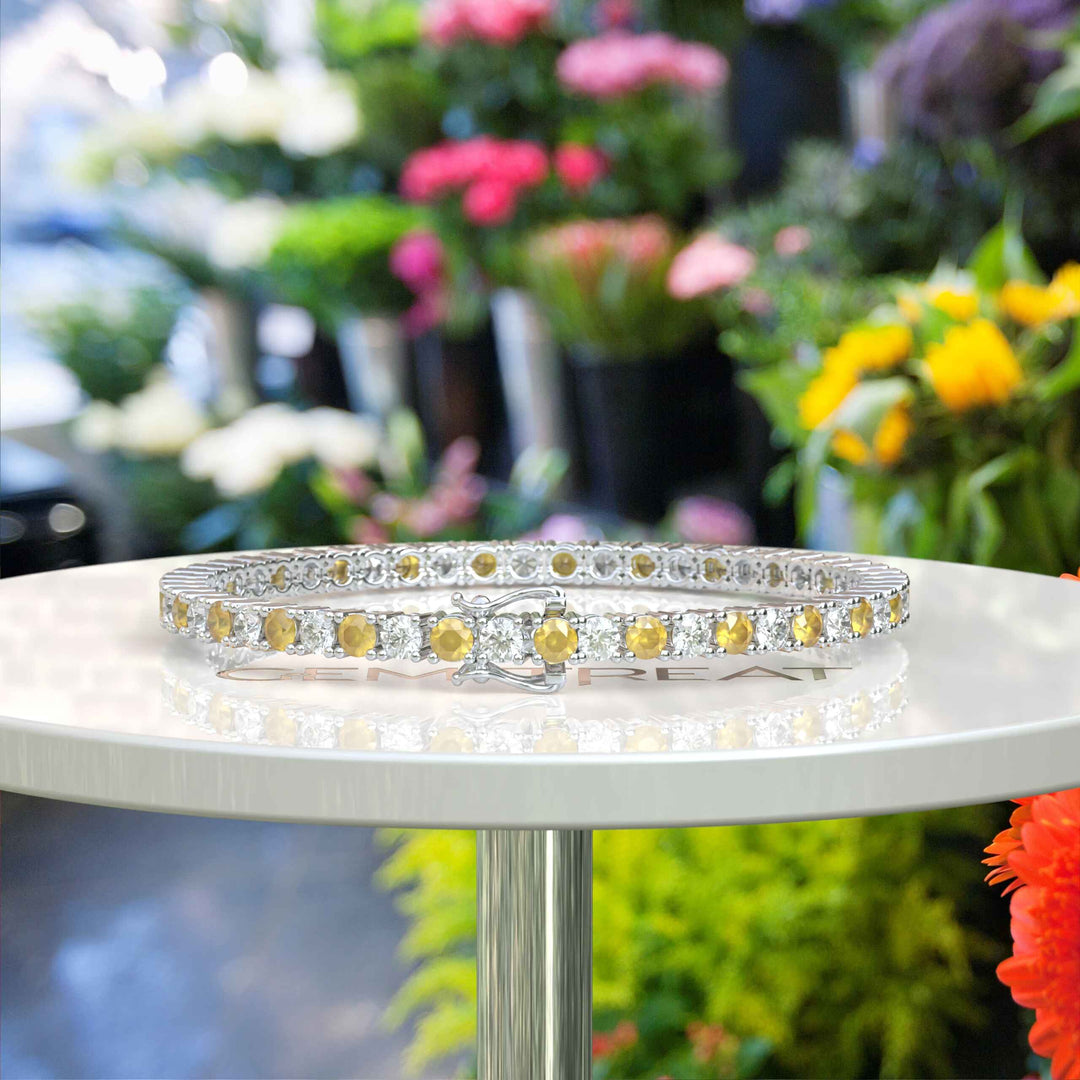 3.5mm Round Yellow Sapphire Tennis Bracelet Featuring Alternating White Moissanite