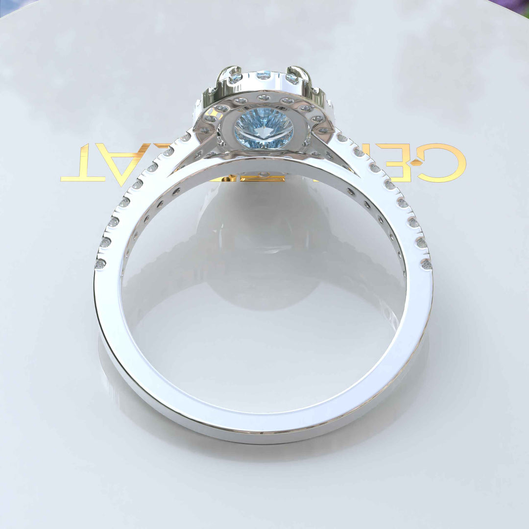 Bridal Elegance in Sea Tones: Oval Aquamarine Halo Engagement Ring's Ethereal Beauty