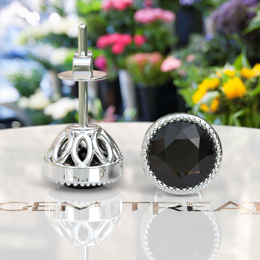 Midnight Muse: Round Black Onyx Bezel Set Stud Earrings with Filigree Halo.