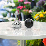 Load image into Gallery viewer, Midnight Muse: Round Black Onyx Bezel Set Stud Earrings with Filigree Halo.
