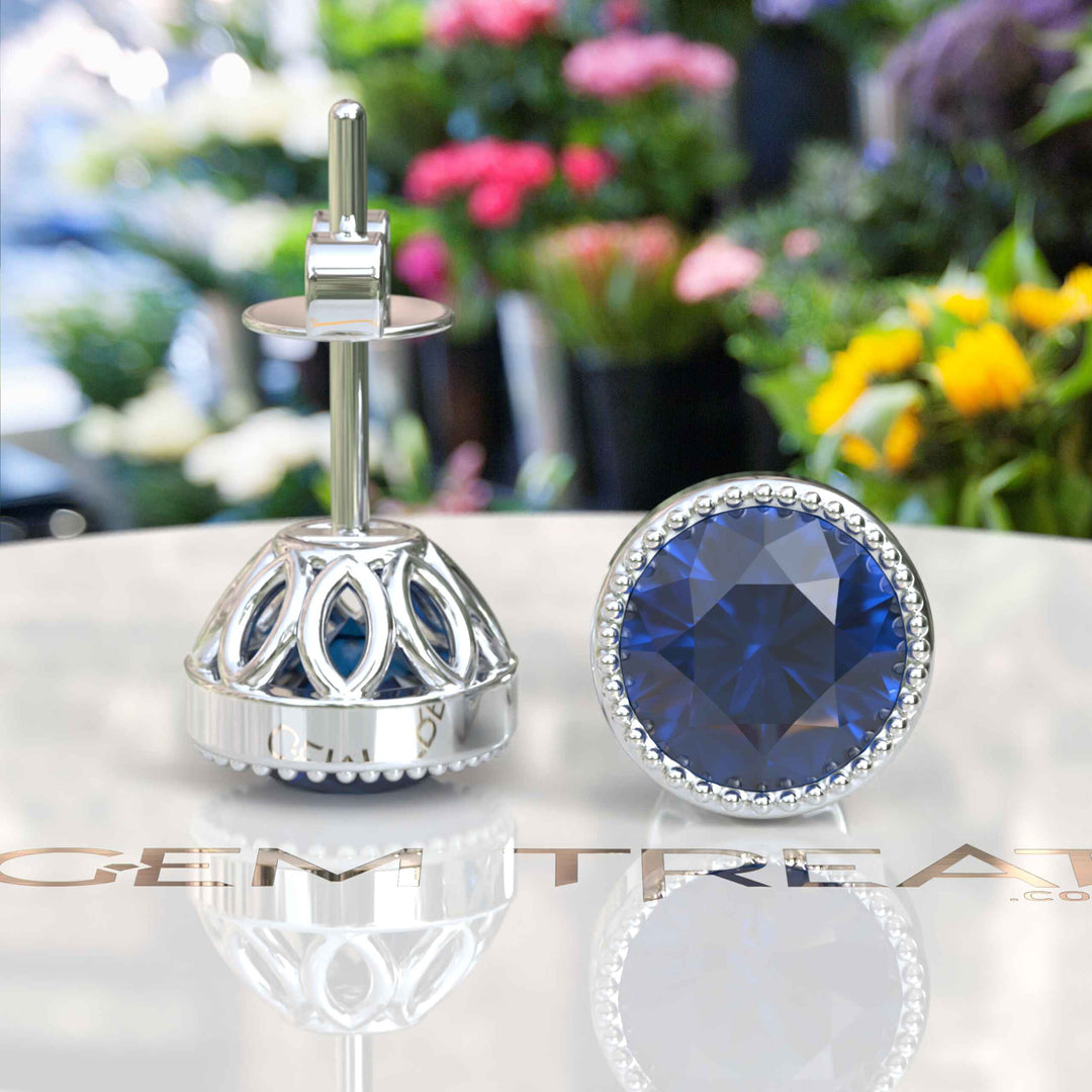 Nautical Stars: London Blue Bezel Stud Earrings with Milgrain Halo.