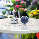 Load image into Gallery viewer, Nautical Stars: London Blue Bezel Stud Earrings with Milgrain Halo.
