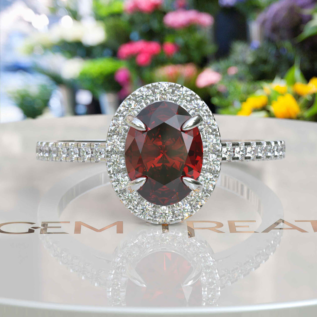 Glow of Desire: Lustrous Oval Ruby & Moissanite Halo Masterpiece