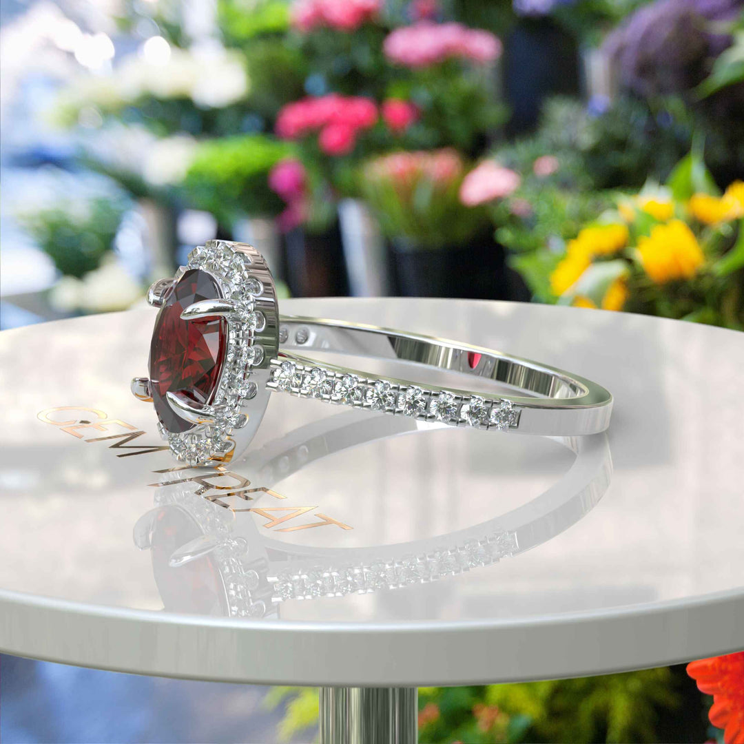 Glow of Desire: Lustrous Oval Ruby & Moissanite Halo Masterpiece