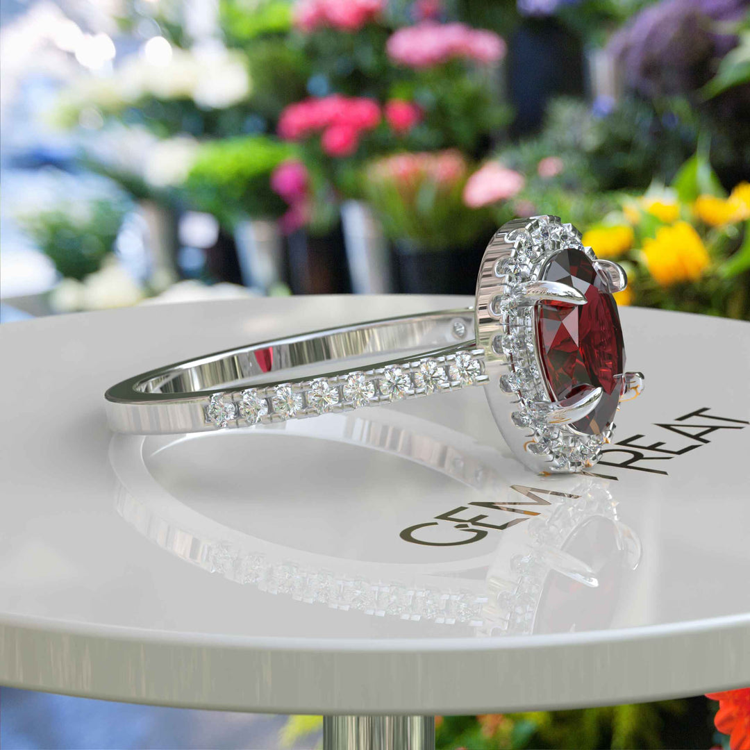 Glow of Desire: Lustrous Oval Ruby & Moissanite Halo Masterpiece