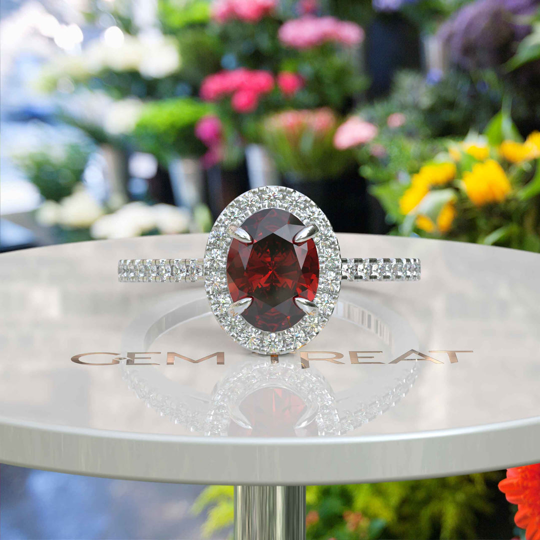 Glow of Desire: Lustrous Oval Ruby & Moissanite Halo Masterpiece