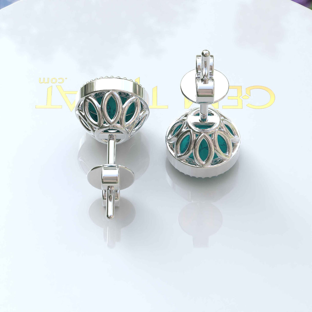 Azure Allure: Round Turquoise Stud Earrings with Vintage-Inspired Milgrain Halo.