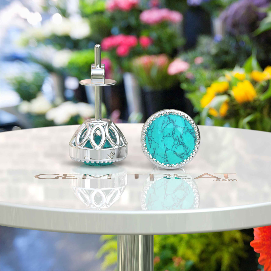 Azure Allure: Round Turquoise Stud Earrings with Vintage-Inspired Milgrain Halo.