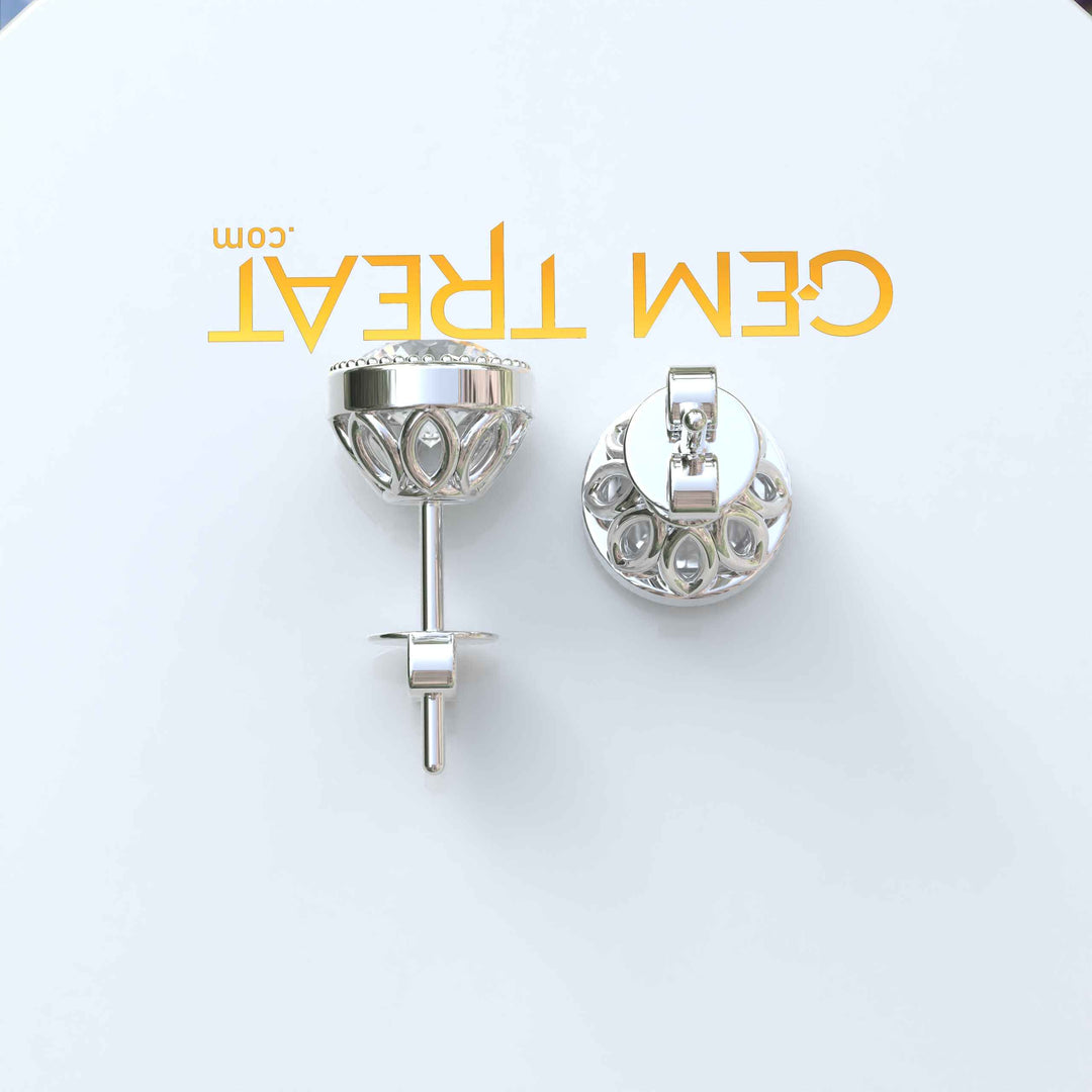 Glistening Gala: Round White Moissanite Stud Earrings with Milgrain Halo.