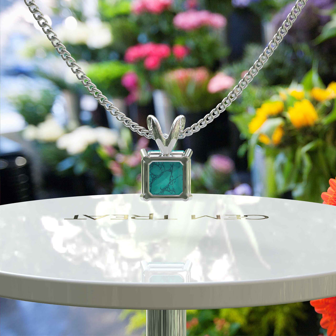 Mystic Allure: Asscher Cut Turquoise Solitaire Pendant Necklace, A Coastal Gemstone Oasis