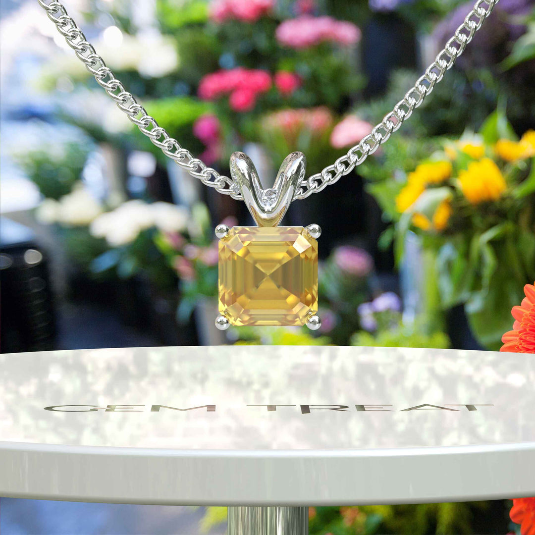 A Gem’s Purity, Asscher Cut Yellow Sapphire Solitaire Adorns This Pendant Necklace