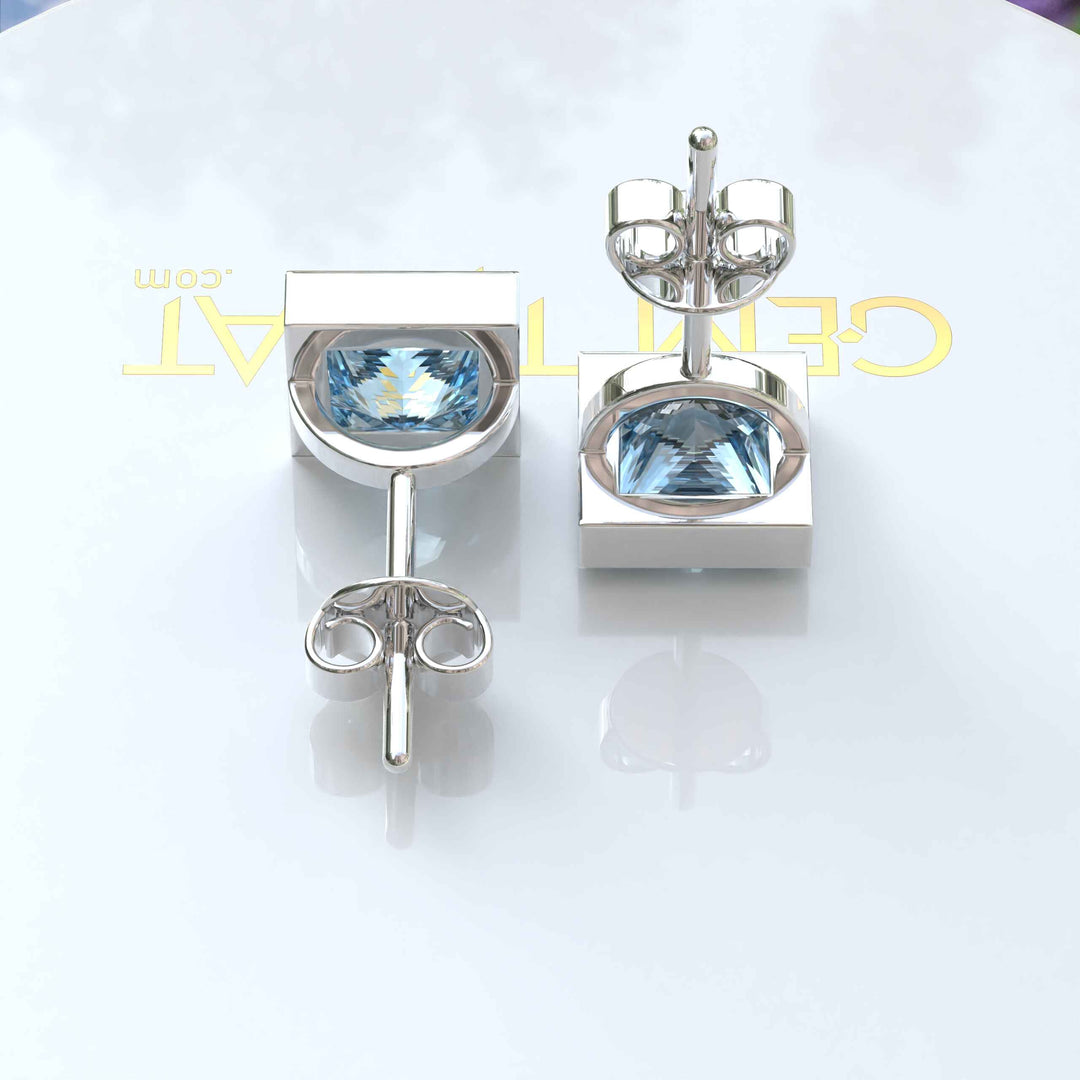 Crystal Clear Beauty: Stud Earrings Featuring Princess Cut Aquamarine in Bezel Design