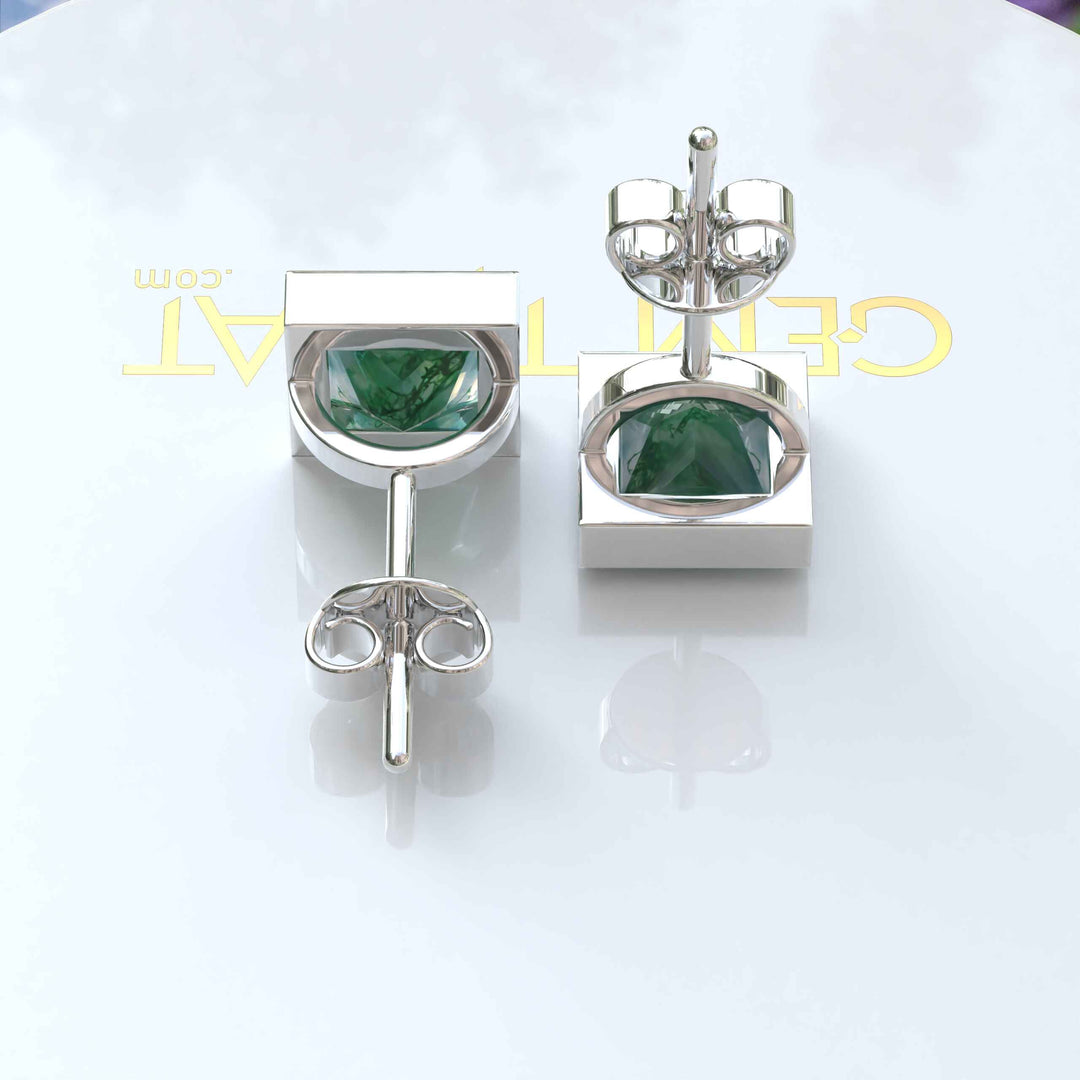 Forest Whispers: Princess Cut Moss Agate Bezel-Set Stud Earrings