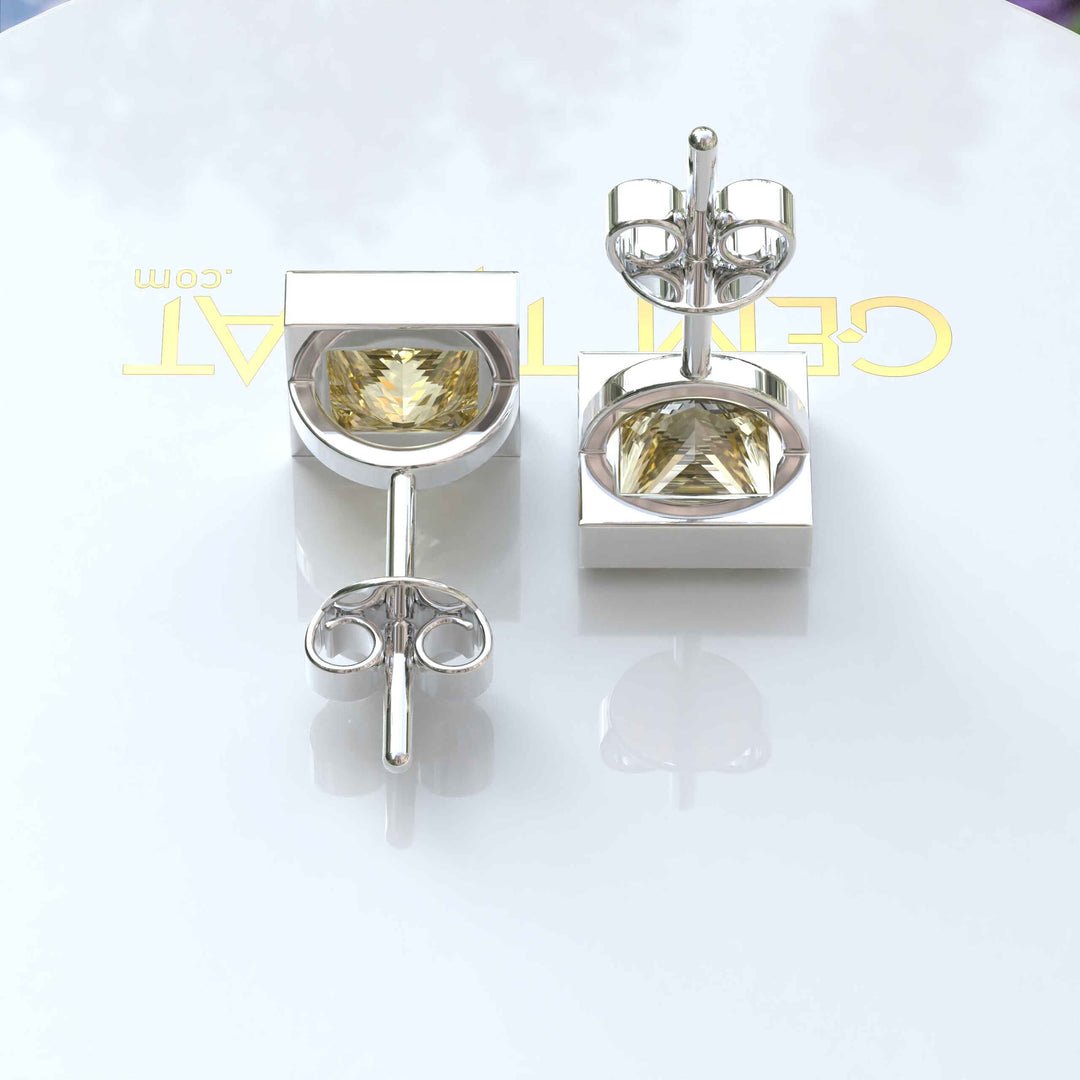 Golden Radiance: Bezel Set Yellow Moissanite Princess Cut Stud Earrings.