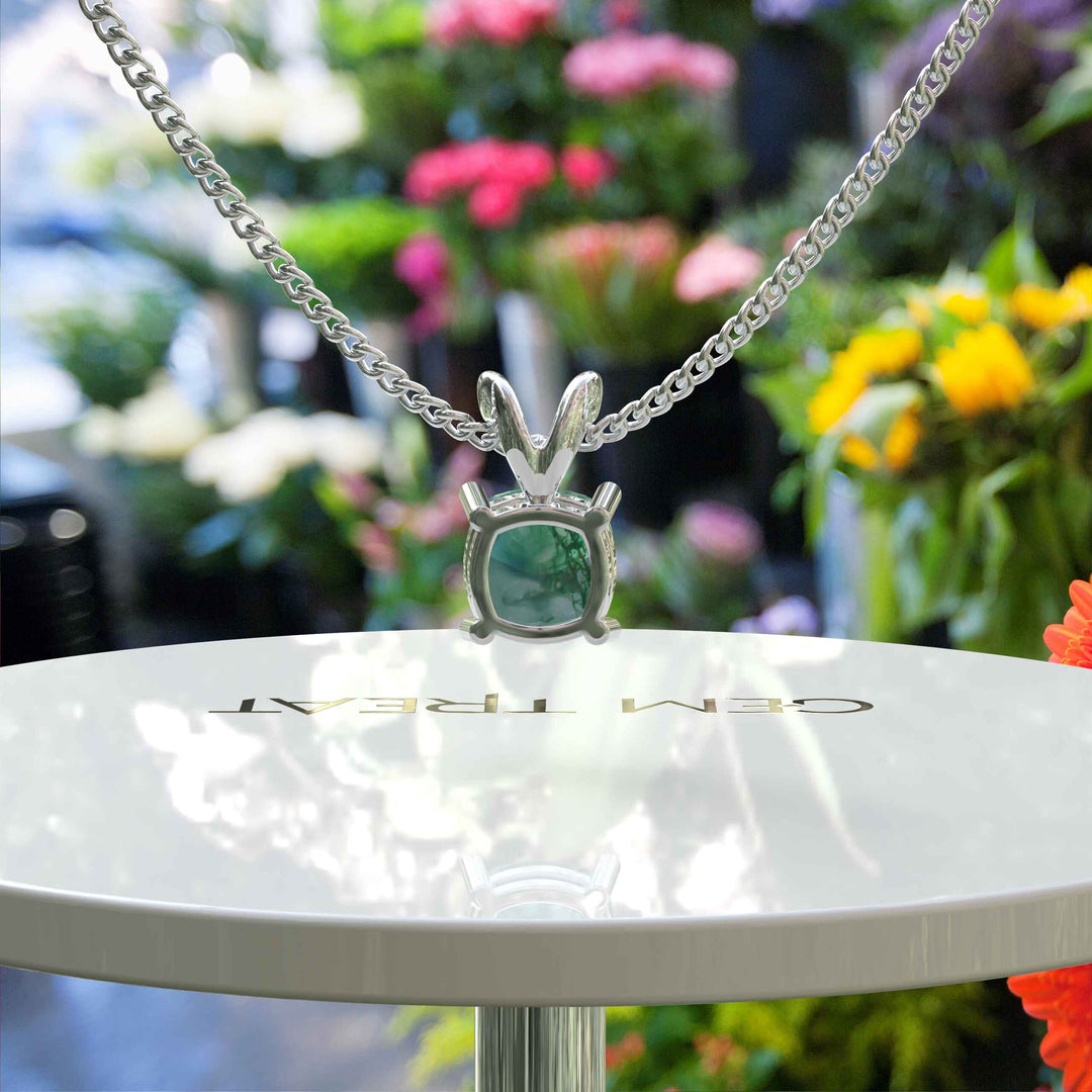 A Fusion of Nature and Luxury: Cushion Cut Moss Agate Solitaire Pendant Necklace