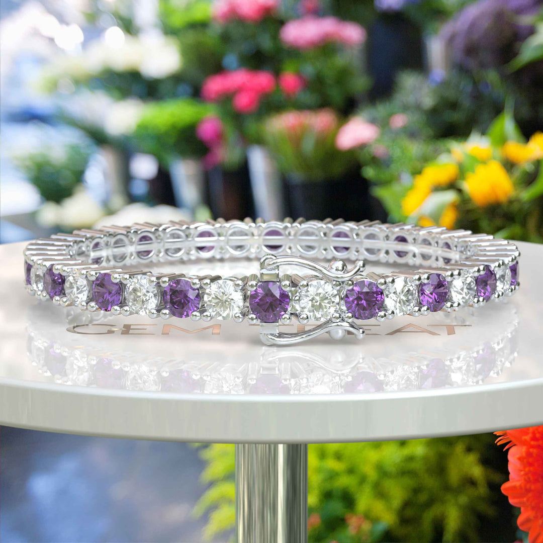 Purple Majesty: 5.0mm Round Amethyst Tennis Bracelet Adorned with Alternating Moissanites