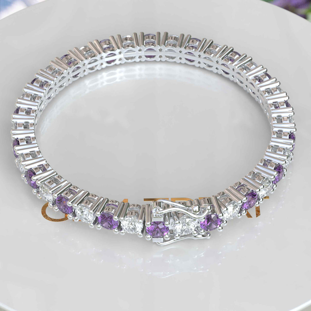 Purple Majesty: 5.0mm Round Amethyst Tennis Bracelet Adorned with Alternating Moissanites