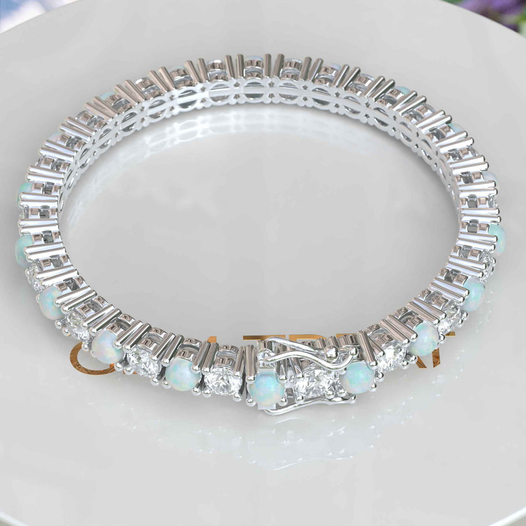 Rainbow Radiance: Tennis Bracelet Featuring 5.0mm Round Opal and Moissanite