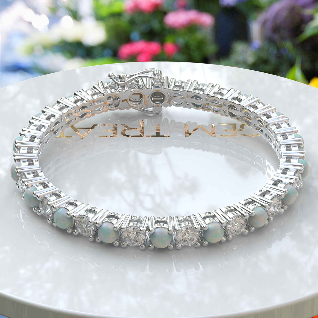 Rainbow Radiance: Tennis Bracelet Featuring 5.0mm Round Opal and Moissanite