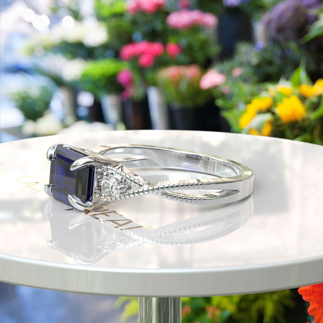 Enchanting Emerald Cut Blue Sapphire Ring - Twisted Band of Love