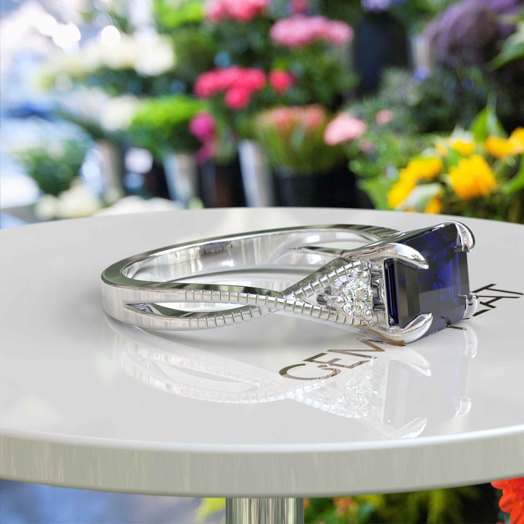 Enchanting Emerald Cut Blue Sapphire Ring - Twisted Band of Love