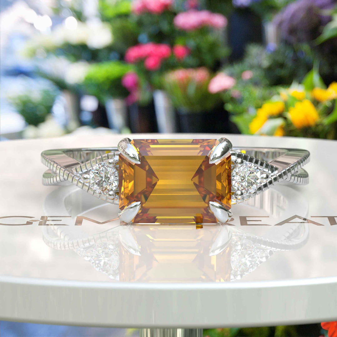 Sunny Elegance & Graceful Swirls: Emerald Cut Citrine Ring with Signature Twisted Shank