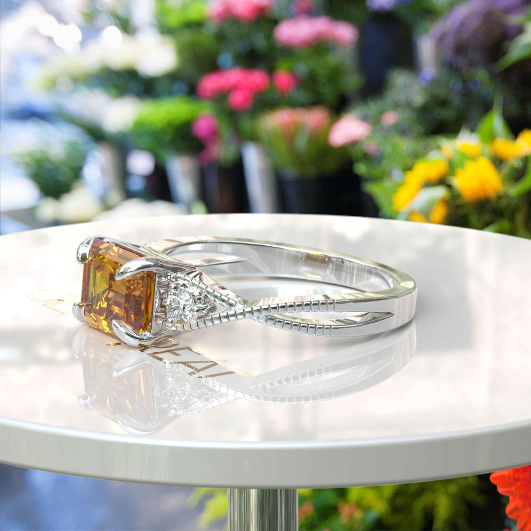 Sunny Elegance & Graceful Swirls: Emerald Cut Citrine Ring with Signature Twisted Shank