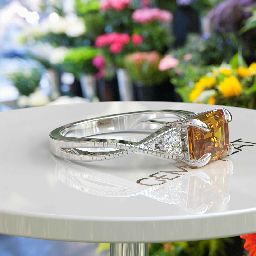 Sunny Elegance & Graceful Swirls: Emerald Cut Citrine Ring with Signature Twisted Shank