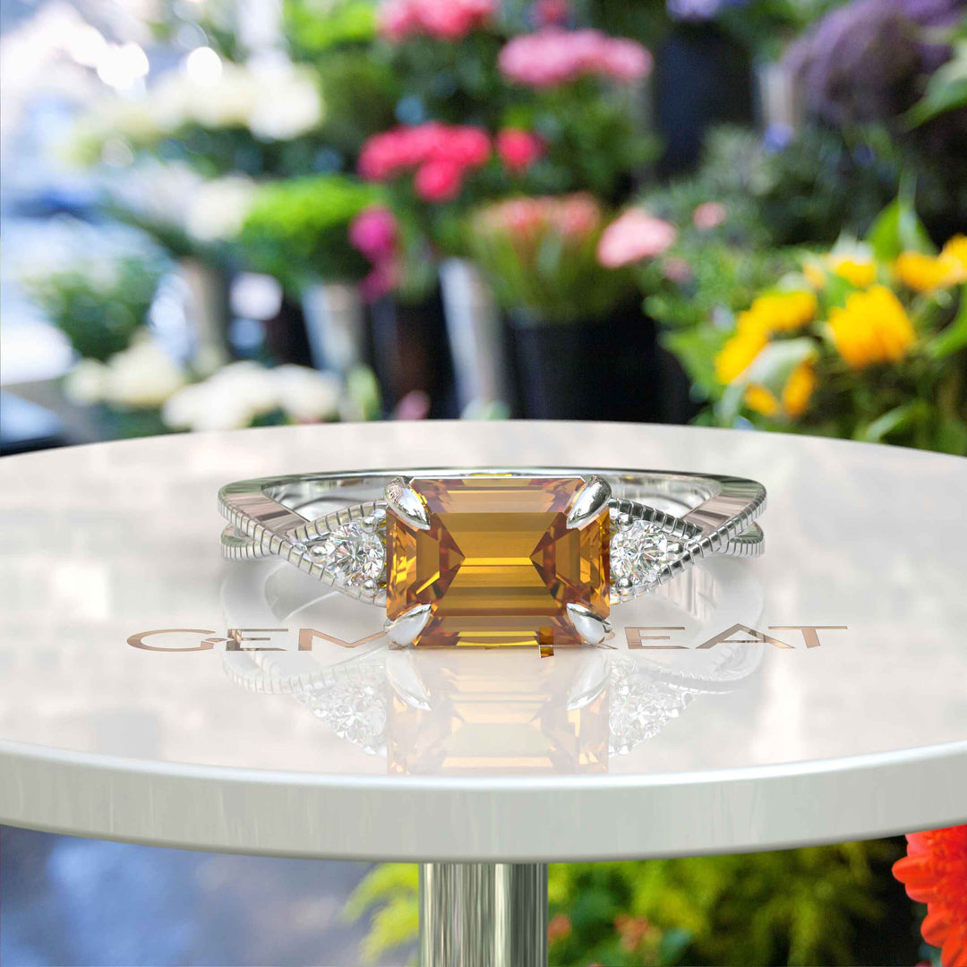 Sunny Elegance & Graceful Swirls: Emerald Cut Citrine Ring with Signature Twisted Shank