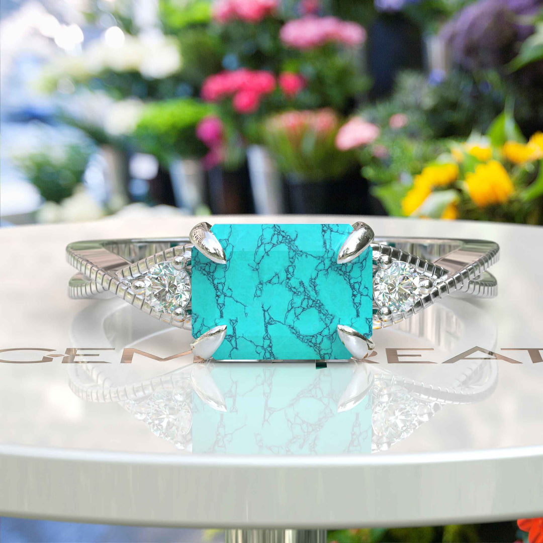 Timeless Turquoise: Emerald Cut Gemstone on a Spiraled Silver Band