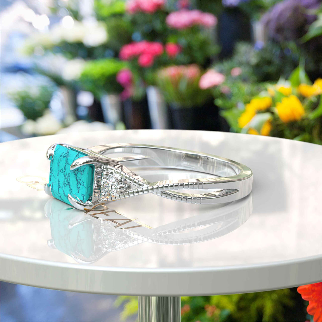 Timeless Turquoise: Emerald Cut Gemstone on a Spiraled Silver Band