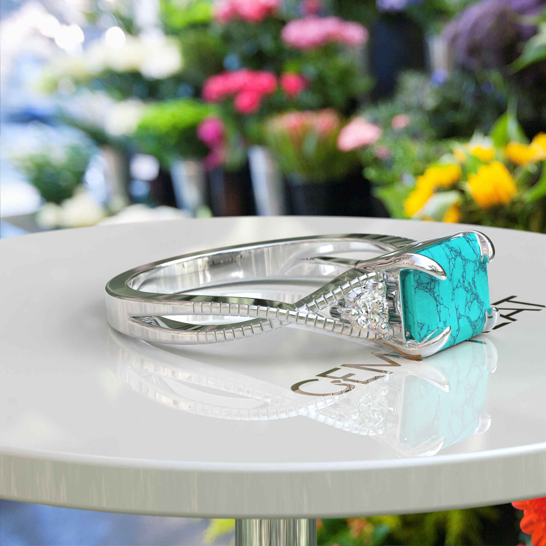 Timeless Turquoise: Emerald Cut Gemstone on a Spiraled Silver Band