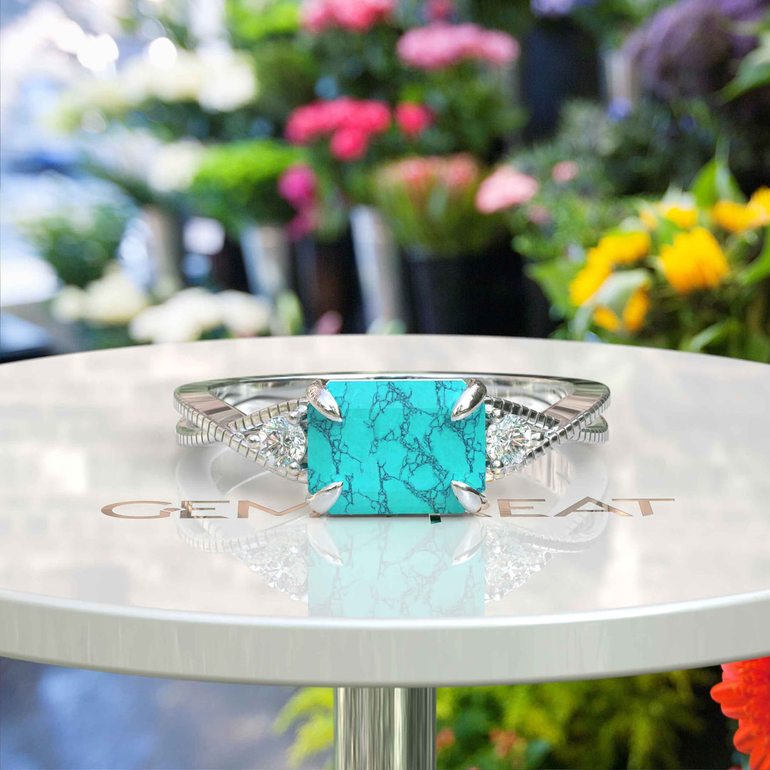 Timeless Turquoise: Emerald Cut Gemstone on a Spiraled Silver Band