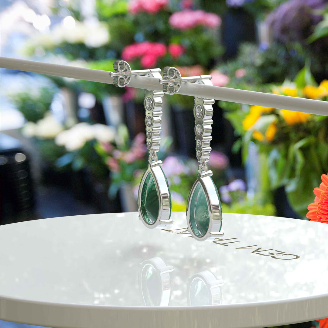 Forest Elegance: Moss Agate Drop Earrings, Pear Cut with Moissanite Accents.