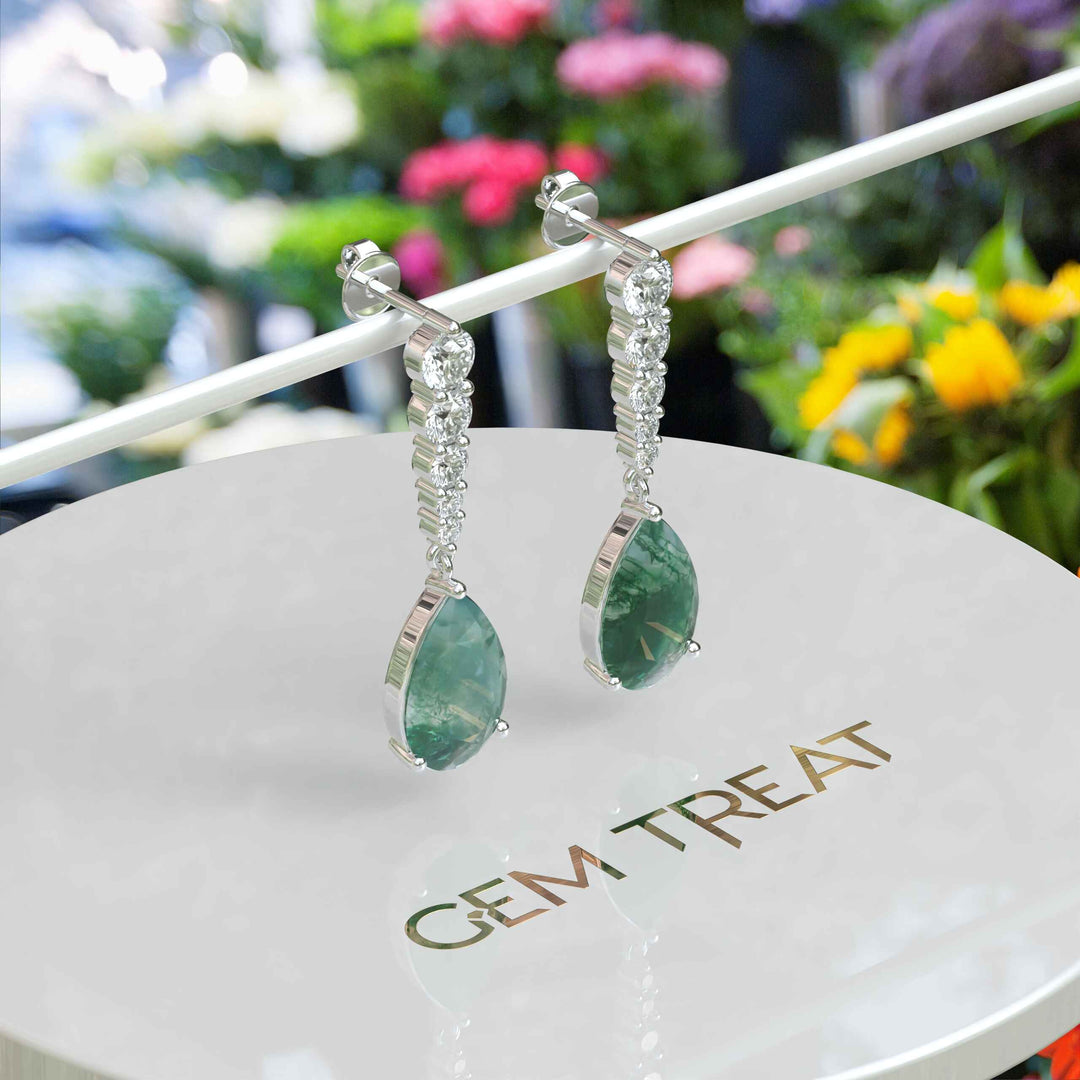 Forest Elegance: Moss Agate Drop Earrings, Pear Cut with Moissanite Accents.