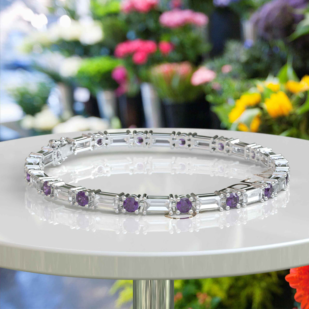 Violet Vision Tennis Bracelet: Exquisite Amethyst with Baguette Moissanite Harmony