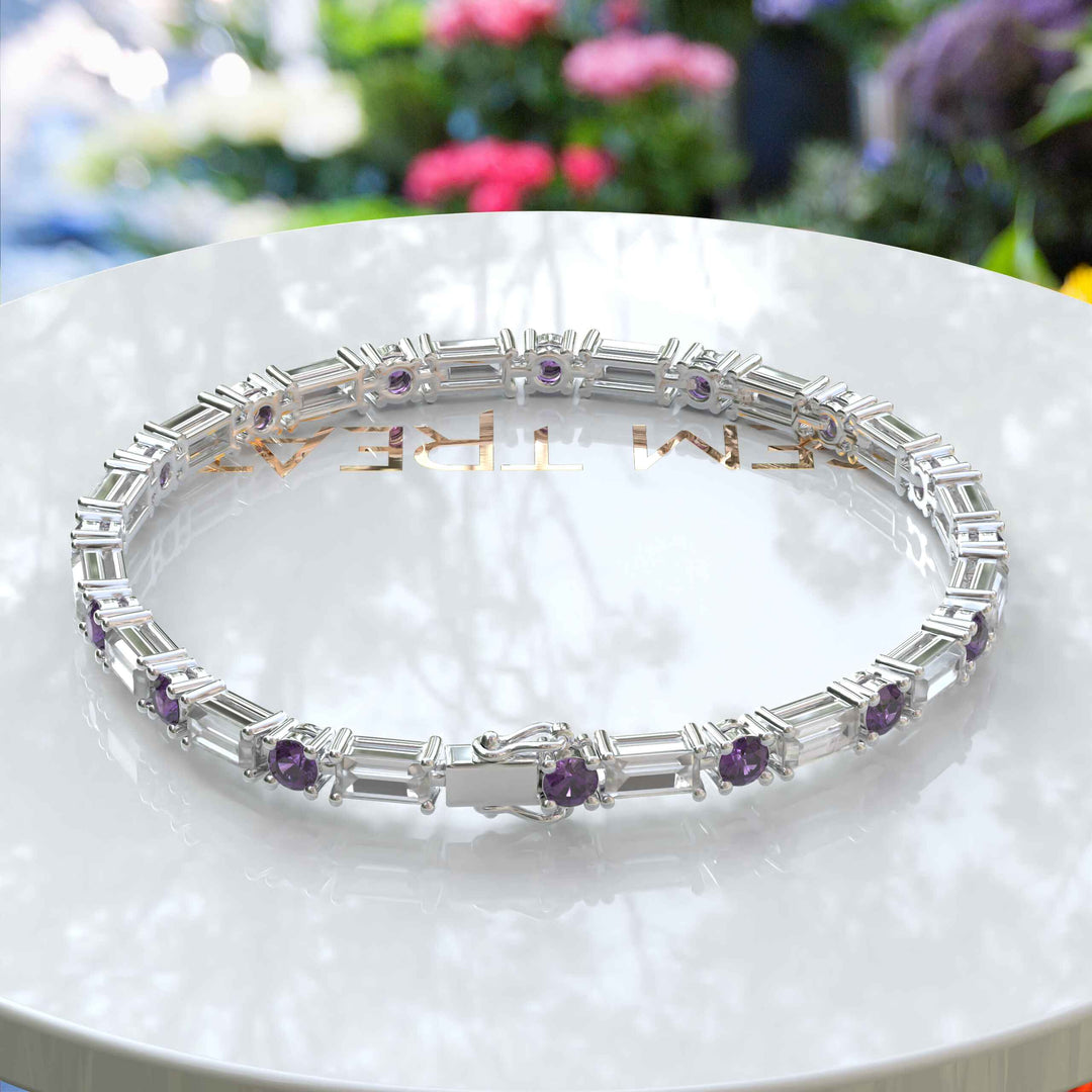 Violet Vision Tennis Bracelet: Exquisite Amethyst with Baguette Moissanite Harmony