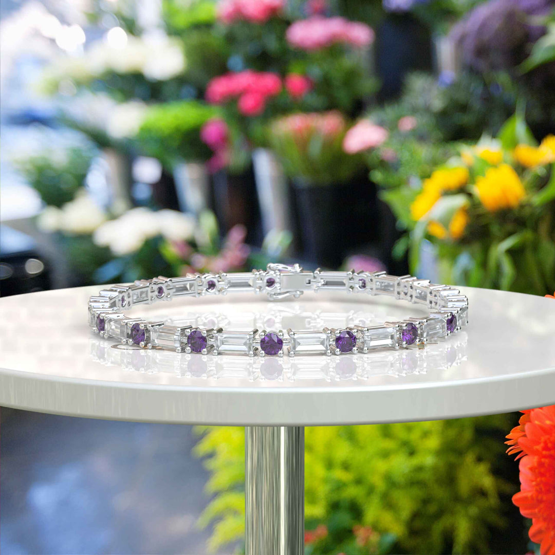 Violet Vision Tennis Bracelet: Exquisite Amethyst with Baguette Moissanite Harmony