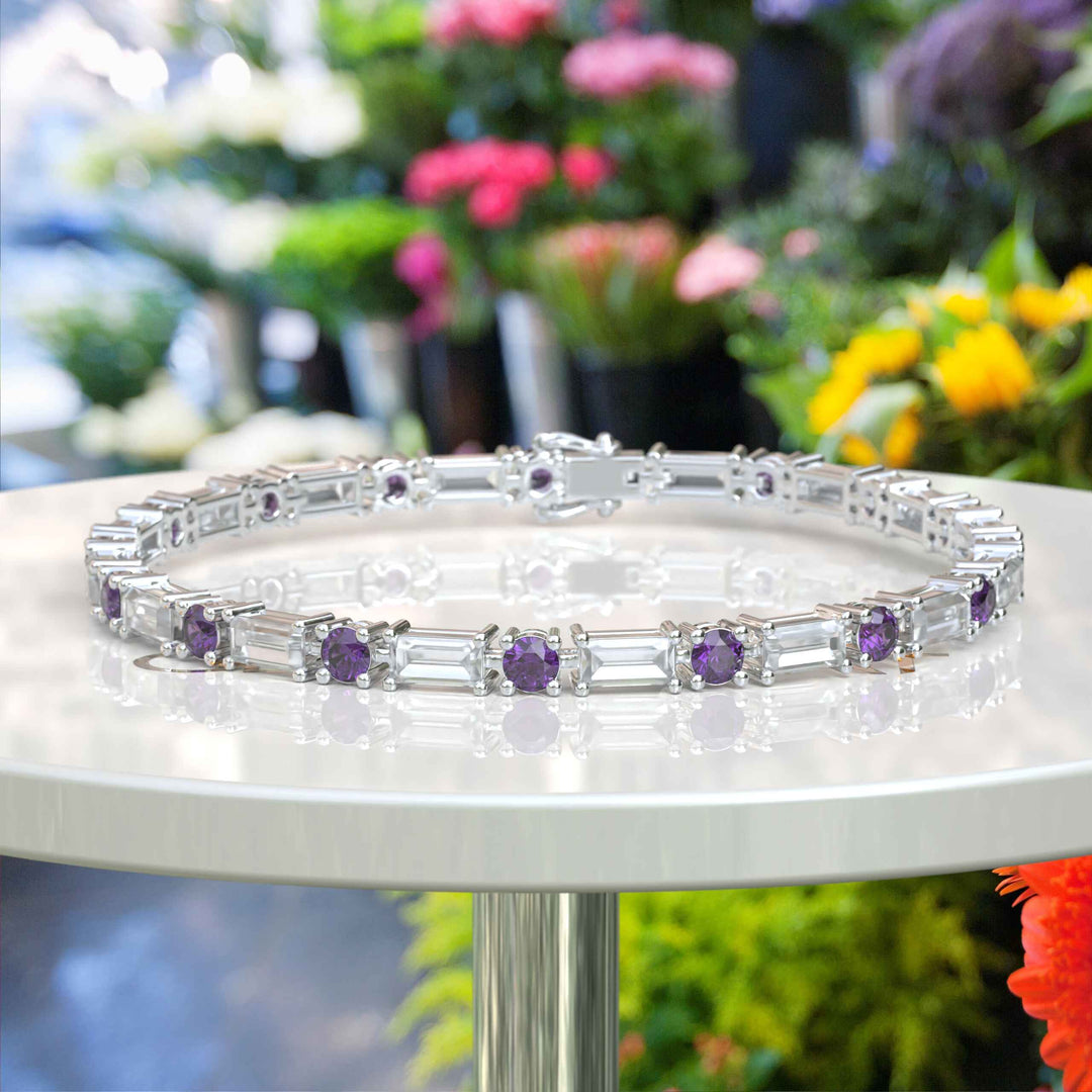 Violet Vision Tennis Bracelet: Exquisite Amethyst with Baguette Moissanite Harmony