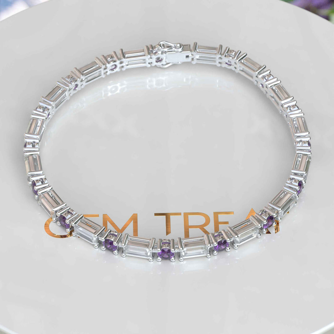 Violet Vision Tennis Bracelet: Exquisite Amethyst with Baguette Moissanite Harmony