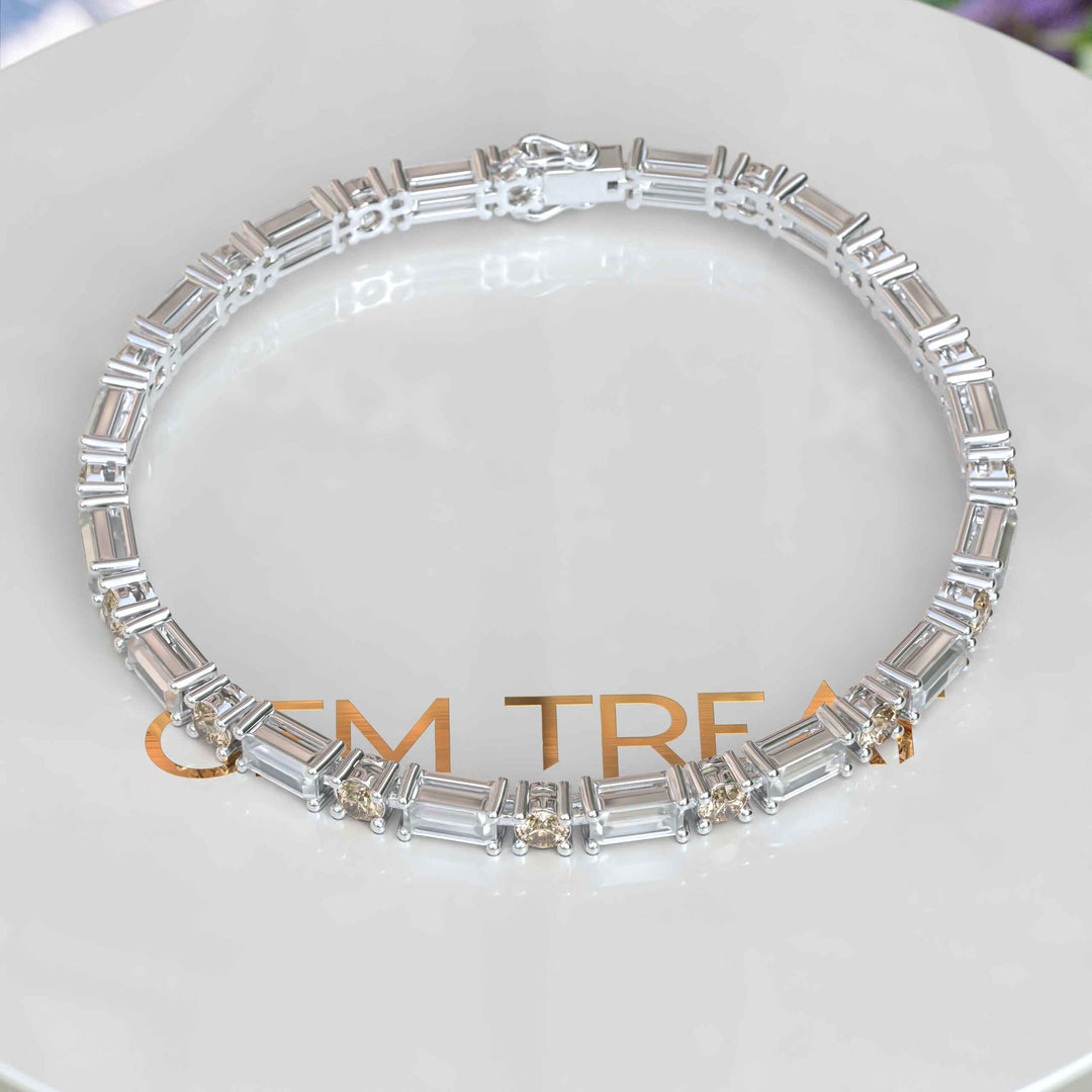 Golden Gleam: Champagne & White Baguette Moissanite Tennis Bracelet