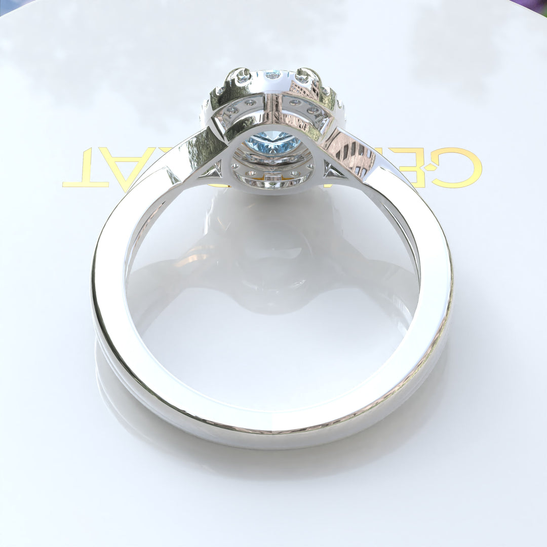 "Twisting Tides: Oval Aquamarine Ring with Moissanite Halo & Spiraled Shank