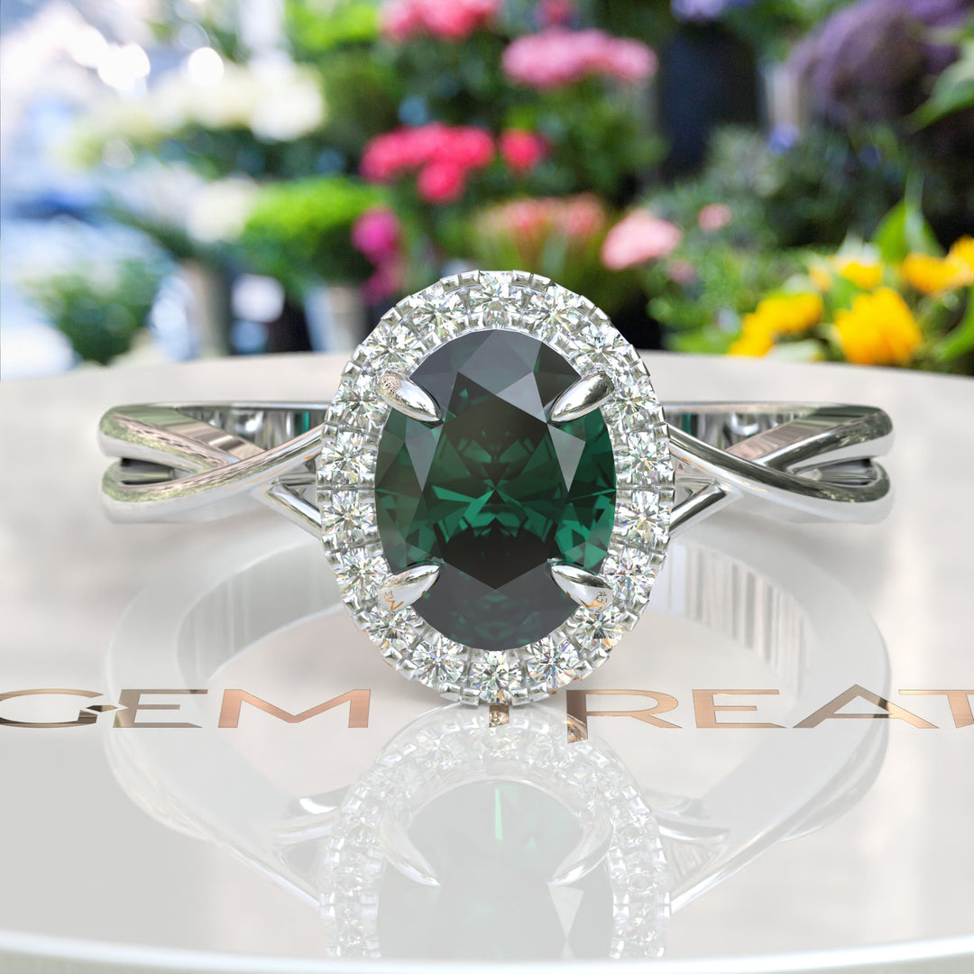 Mystic Green Gleam: Silver Halo Ring Centering Oval Emerald, Enhanced by Twisted Shank Artistry