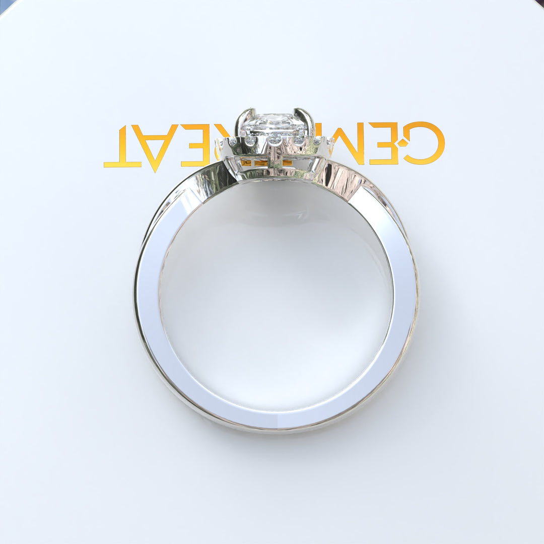 Spiraled Elegance: Halo Ring Featuring 1ct Oval White Moissanite on a Twisted Silver Band