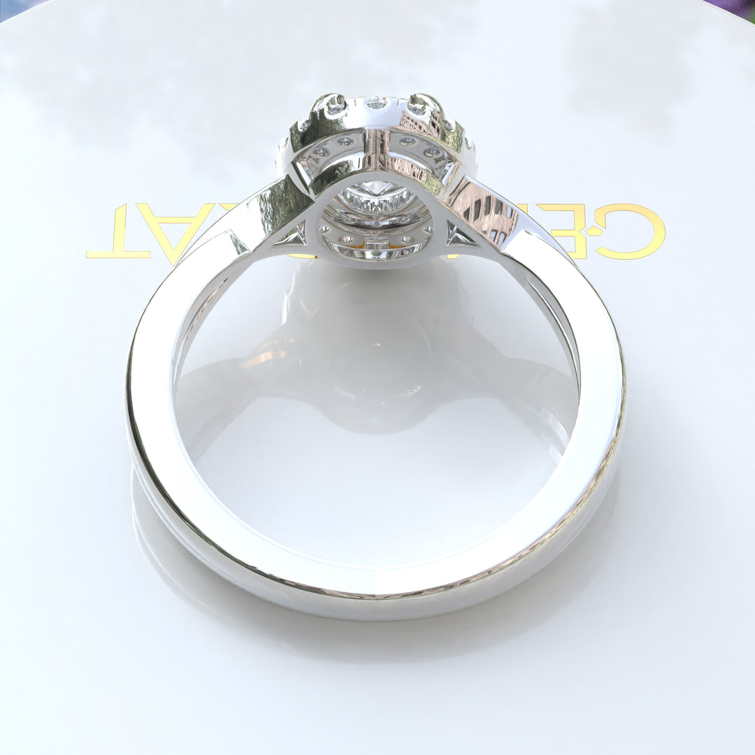 Spiraled Elegance: Halo Ring Featuring 1ct Oval White Moissanite on a Twisted Silver Band