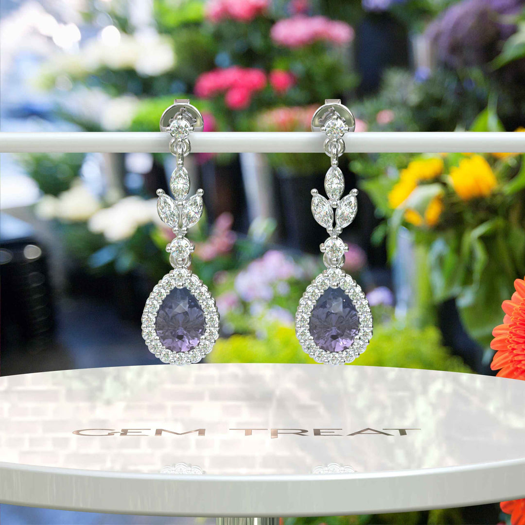 Spectral Elegance: Pear Cut Alexandrite Drop Earrings with Moissanite Halo.