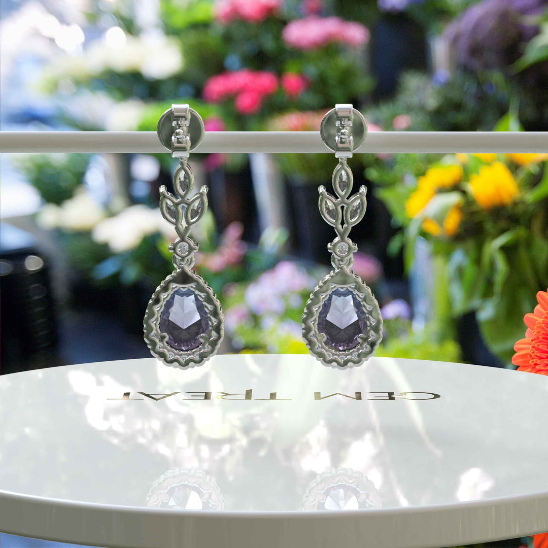 Spectral Elegance: Pear Cut Alexandrite Drop Earrings with Moissanite Halo.