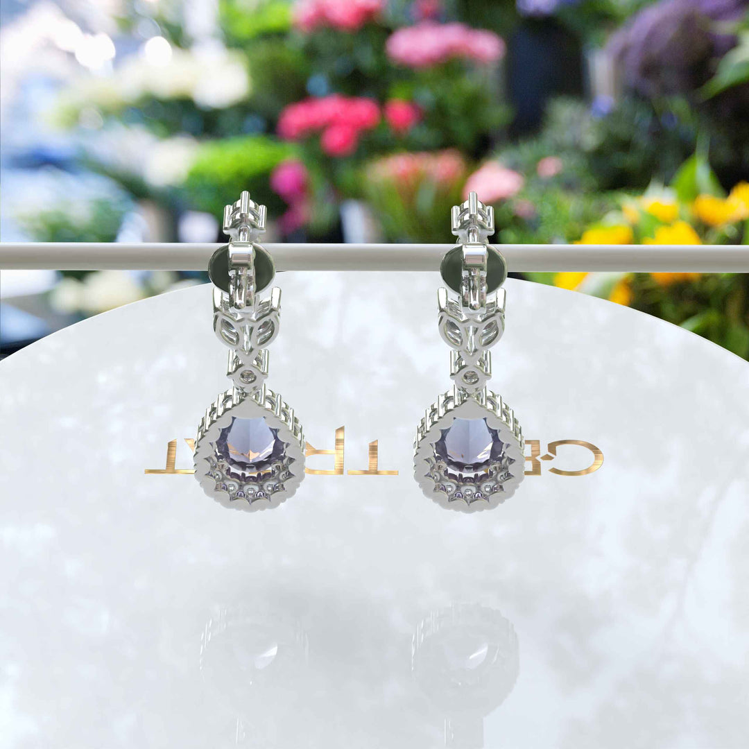 Spectral Elegance: Pear Cut Alexandrite Drop Earrings with Moissanite Halo.