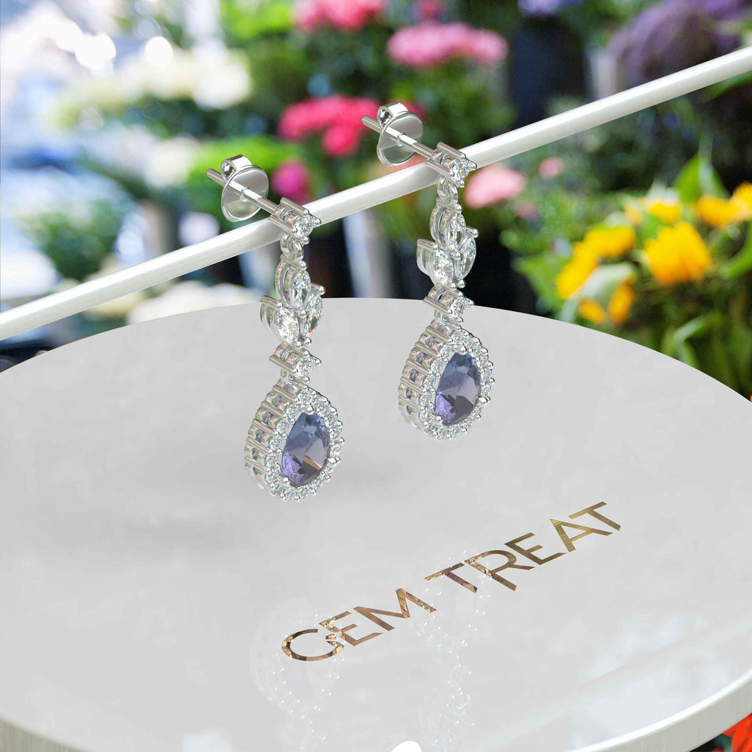 Spectral Elegance: Pear Cut Alexandrite Drop Earrings with Moissanite Halo.